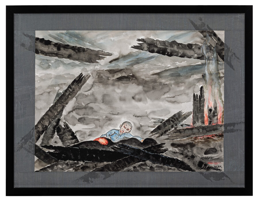 Painting of a boy on a charred piece of wood with a flame in the background.