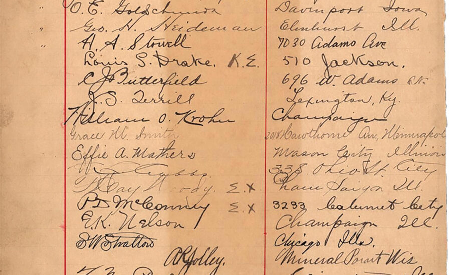 A page depicting signatures of attendees at the 1893 Chicago World's Fair.