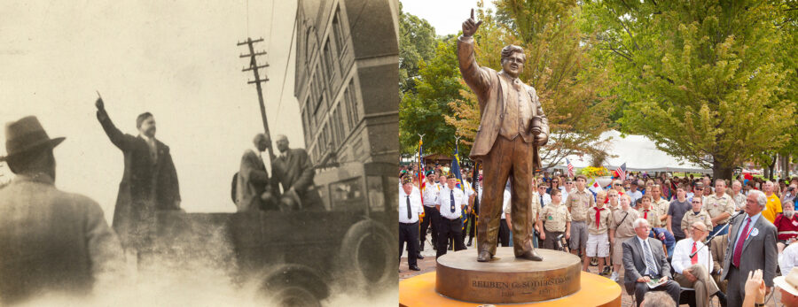 The photograph on the left captures Reuben in mid-speech during 1920 rally in Mendota, Illinois. This image discovered on an old film strip shows Reuben campaigning with FDR during his campaign for the Vice Presidency. This is the pose chosen by sculptor Lonnie Stewart for the statue seen on the right which was photographed during the 2012 dedication of the Reuben G. Soderstrom Plaza. His grandson, Dr. Carl Soderstrom, Jr., spoke at the dedication.