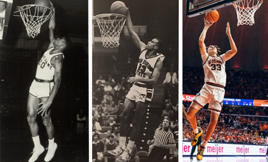 From left to right: Tom Hawkins playing for University of Notre Dame in in mid-1950s, (Fighting Irish Media), Rodney Hawkins playing for San Diego State in the late 1980s (Courtesy of Rodney Hawkins), Coleman Hawkins playing for Illinois in 2022 (University of Illinois Division of Intercollegiate Athletics).